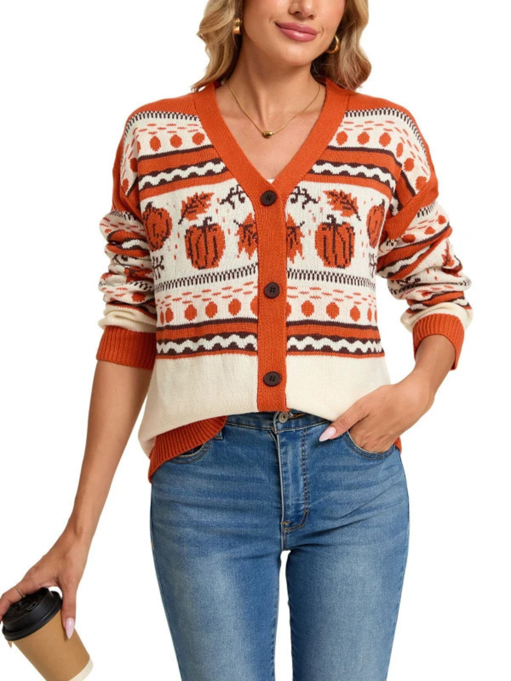 Women's Halloween Pumpkin Jacquard Knit Cardigan